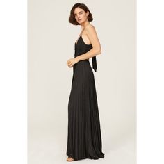 Black satin (100% Polyester). A-line. Sleeveless. V-neck. Back zipper closure. 58" from shoulder to hemline. Imported. Pleated V-neck Gown For Party, V-neck Maxi Dress With Pleated Back For Gala, Floor-length Maxi Dress With Pleated Back For Night Out, Pleated A-line Gown, Formal V-neck Maxi Dress With Back Zipper, A-line Pleated Back Maxi Dress For Party, Party Full Length Maxi Dress With Pleated Bodice, Party A-line Maxi Dress With Pleated Back, A-line Gown With Pleated Back