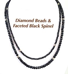 I saw a similar necklace in Black Diamonds for $8,000.00! I tried it on, thinking I can buy a used car for this kind of money!!  Sure would look cute with a white top and jeans though.  HaHa! My version:  Oxidized Pave Diamond Balls (4) and the highest quality Black Spinel in the market place, plus a Diamond Lobster Claw Clasp. Wear it as is or add a pendant to it!  Would look great both ways. Use it daytime for sure and you will also be able to wear it for formal and dressier events as well.  I think it's very important when you invest in a piece of jewelry that you can wear it ALL the time! Available in custom sizing. If you don't see the length you want, please convo me.   If you'd like me to suggest some colored gemstone or diamond pendants, please ask. www.ShalomJewelry.etsy.com Black Double Strand Faceted Beads Jewelry, Black Faceted Round Necklace, Black Double Strand Necklace With Beads, Black Double Strand Necklace With Black Beads, Faceted Black Spinel Necklace, Formal Black Necklaces With Black Diamonds, Formal Black Necklace With Black Diamonds, Black Adjustable Double Strand Jewelry, Black Rondelle Gemstone Bead Necklace