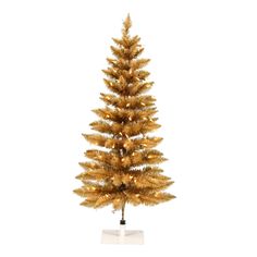 a small gold christmas tree with lights on the top and bottom branches, against a white background