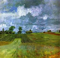 a painting of a field with trees and clouds in the background