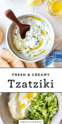 fresh and creamy tzatzziki with lemons on the side is an easy appetizer for any special occasion