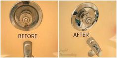 before and after pictures of a bathroom faucet