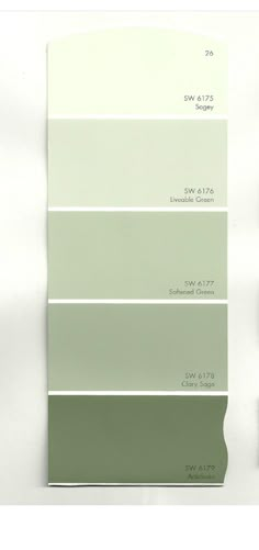 the shades of green and white are shown in this color swat list for interior paint