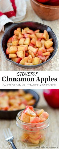 sliced apples in a cast iron skillet on a table next to an apple pie