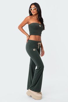 Terry Low-Rise Pants Fitted Cotton Pants For Athleisure, Fitted Cotton Athleisure Pants, Fitted Cotton Athleisure Sets, Fitted Cotton Sweatpants For Yoga, Stretch Long Pants Sets With Elastic Waistband, Stretch Sets With Elastic Waistband And Long Pants, Casual Sets With Elastic Waistband, Casual Fitted Sets With Elastic Waistband, Fitted Green Loungewear Bottoms