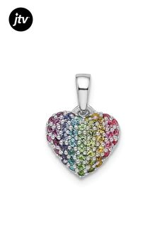 Rhodium over sterling silver children's heart pendant with rainbow nano crystal and polished finish. Measures approximately 9/16"L x 7/16"W. Multicolor Heart Charm Jewelry For Anniversary, Sterling Silver Multicolor Jewelry With Heart Charm, Heart-shaped Multicolor Birthstone Jewelry, Multicolor Heart-shaped Birthstone Jewelry, Personalized Heart-shaped Rainbow Jewelry, Personalized Rainbow Heart Jewelry, Multicolor Sterling Silver Heart Pendant Necklace, Sterling Silver Multicolor Heart Beads Jewelry, Multicolor Sterling Silver Heart Beads Jewelry