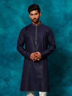 vastramay mens navy blue cotton blend ethnic kurta Ethnic Design, Navy Blue Fabric, Cultural Events, Mens Navy, Navy Blue Color, Full Sleeves, Sleeves Pattern, Mandarin Collar, Blue Fabric