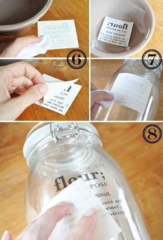 the instructions for making a glass jar with labels on it, and how to put them in