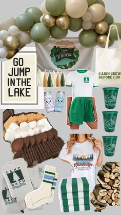 a collage of green and white items including balloons, t - shirts, socks