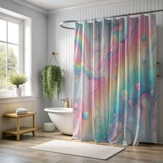 a bath room with a tub and a shower curtain