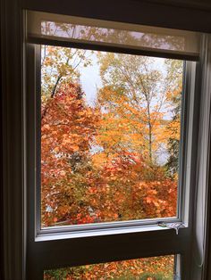 an open window with autumn leaves on the outside and trees in the back ground behind it