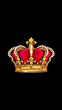 a red and gold crown on a black background