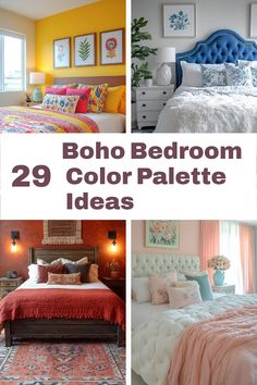 four different bedroom color palettes with the text boho bedroom 29 color palette ideas