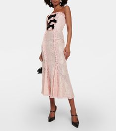 Bow Detail Lace Gown in Pink - Alessandra Rich | Mytheresa Elegant Strapless Lace Dress With Ruffles, Pink Strapless Ruffle Dress For Gala, Pink Strapless Dress With Ruffles For Gala, Elegant Strapless Dress With Scalloped Lace, Lace Strapless Dress With Ruffles For Party, Feminine Ruffled Lace Evening Dress, Pink Ruffled Strapless Dress For Formal Occasions, Feminine Lace Evening Dress For Gala, Formal Pink Ruffled Strapless Dress