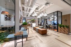 the inside of an office with wood floors and glass walls, plants on the desks