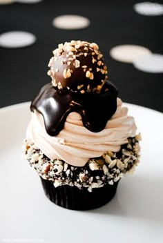 a cupcake with chocolate frosting and sprinkles sits on a plate