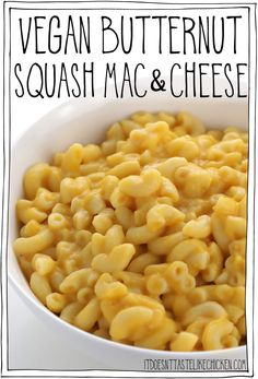 vegan butternut squash mac and cheese in a white bowl with text overlay