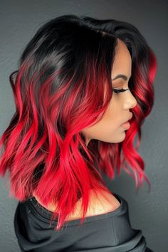 Bright Hair Colors Short Shoulder Length, Black To Pink Hair, Red Hair With Black Roots, Red And Black Hairstyles, Highlights Ideas For Black Hair, Vivid Red Hair Color, Coloured Balayage, Cheyenne Core, Red Hair Fade