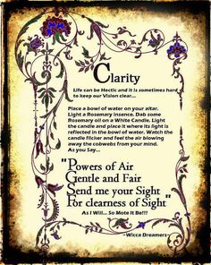 for Clarity, Spells at http://www.whitemagickalchemy.com Clarity Spell, Pagan Spells, Easy Spells, Spell Books, Magic Spell Book, Magick Spells, Wiccan Spell Book, Witchcraft Spell Books, Witch Spell Book