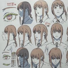 an anime character's hair and eyes are shown in various positions, including the head