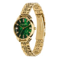 30mm Emerald & Gold Bracelet Watch Art Deco Gold Jewelry With Diamond Hour Markers, Gold Diamond Watch With Bracelet Strap For Evening, Art Deco Gold Watches For Evening, Gold Art Deco Evening Watch, Art Deco Gold Diamond Watch Gift, Gold Art Deco Diamond Watch Gift, Gold Art Deco Diamond Watch, Green Watch With Metal Dial As Gift, Green Watch With Metal Dial For Gift