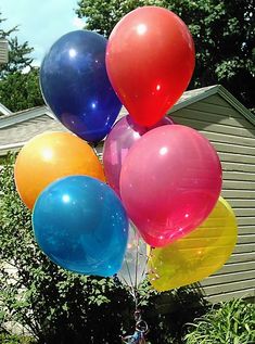 a bunch of balloons that are in the grass near some bushes and trees, with a house in the background