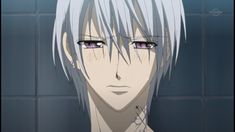 an anime character with white hair and blue eyes in front of a tiled wall, staring at the camera