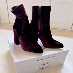 Steve Madden Pointed-Toe Block Heel Jaque Booties. 3.25 Inch Block Heel. 6.5 Inch Shaft; Pointed Closed-Toe Booties With Side Zippers. New In Box. High Heel Burgundy Party Boots, Burgundy Ankle Boot Heels For Party, Burgundy Ankle Boots For Winter, Trendy Burgundy Boots For Winter, Trendy Burgundy Winter Boots, Chic Burgundy Ankle Boots, Burgundy Ankle-high Winter Boots, Burgundy Ankle-high Heeled Boots For Winter, Winter Burgundy Ankle-high Heeled Boots