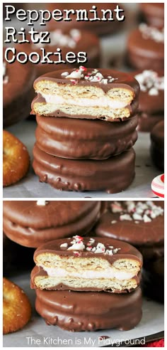 chocolate peppermint kiss cookies are stacked on top of each other