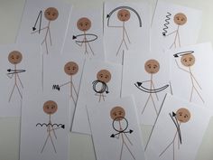 six cards with stick figures drawn on them