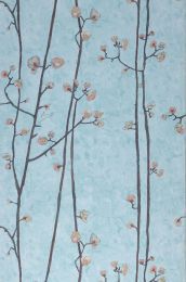 an image of flowers and branches on a blue wallpaper background that looks like it has been painted with acrylic paint