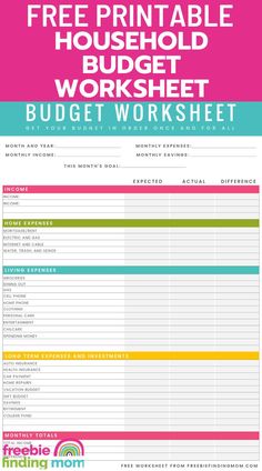 the free printable household budget worksheet is shown in purple and green colors