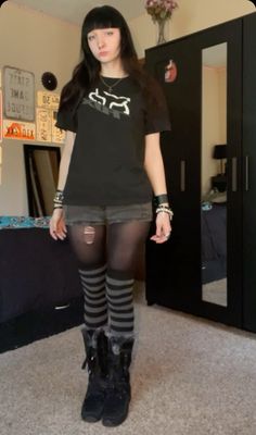 #outfit #fashion #fox #alternative #boots #tights #bangs #inspo #accessories #gray Alternative Boots, Bangs Inspo, Layered Fashion, Bodo, Punk Outfits, Swaggy Outfits, Gothic Outfits, Alternative Outfits