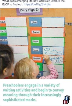 two children writing on a bulletin board with the caption preschoolers engage in a variety of writing activities and begin to convey meaning