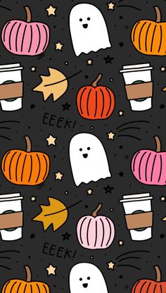 a black background with pumpkins, coffee cups and ghost faces on the bottom right corner