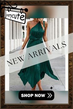 Dark Green One Shoulder Irregular Pleat Casual Dress Spring One-shoulder Pleated Dress For Night Out, Casual Irregular Party Dress, Pleated Asymmetrical One Shoulder Summer Dress, Casual One-shoulder Pleated Dress, Asymmetrical Pleated One Shoulder Summer Dress, Asymmetrical Pleated Summer Dress, Green One-shoulder Pleated Dress, Green One-shoulder Asymmetrical Dress For Summer, Green One-shoulder Dress With Asymmetrical Neckline