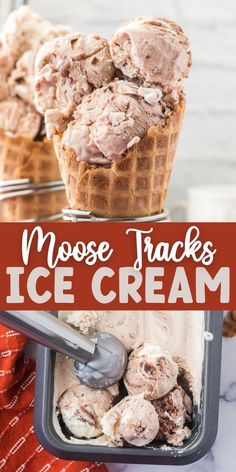 two scoops of ice cream with the text moose tracks ice cream on top and bottom