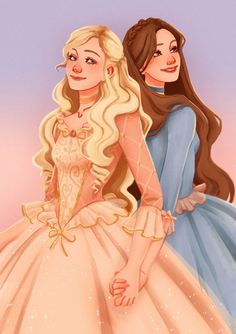 two women dressed as princesses standing next to each other on a pink and blue background