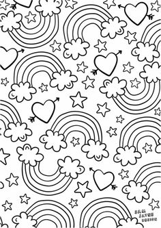 a coloring page with hearts, stars and rainbows