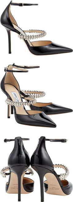 Jimmy Choo Bobbie Black Patent Leather Pointy Toe Pumps with Crystal Strap | Bobbie in black patent leather is the definition of glamourous. The simple upper design features a delicate buckle ankle strap and is finished with a crystal strap which exudes style. The chic 100mm heel makes it a must have pair to turn heads at your next work party. | #jimmychoo #shoes #heels #partyshoes #partywear #ad #blackshoes #patentshoes #bling #glam #pumps Winter Party Outfit College, Summer House Party Outfit, Winter Party Outfit Night