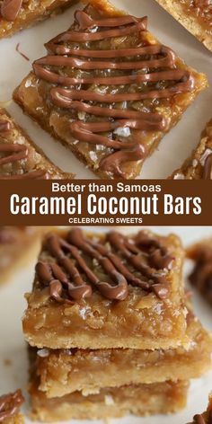 caramel coconut bars stacked on top of each other