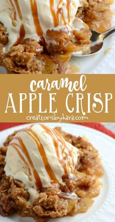 caramel apple crisp on a plate with ice cream drizzled over it