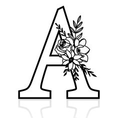 the letter a with flowers and leaves is shown in black on a white background,