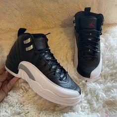 Style # 153265006 Size 5.5 Women’s Size 4y Boys New, With Box 100% Authentic 100$ Jordans, Air Jordan 12, Leather Jordan Shoes With Air Max Cushioning, Jordan 12, Black Non-slip Jordan Shoes For Sports, Air Jordan 11’s, Air Jordan Retro 12s, Jordan 12’s, Black And White Jordans