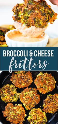 broccoli and cheese fritters in a skillet with text overlay