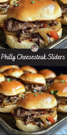 two pictures of cheese steak sliders with peppers and onions