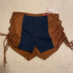 Denim And Suede Tan Shorts Zipper In Back With Hook. Adjustable Ties On The Sides. Nwt! Never Worn. Brown Denim Jean Shorts For Summer, High Waist Blue Shorts For Fall, Brown Denim Shorts For Summer, Summer Brown Denim Bottoms, Brown Denim Shorts For Spring, Brown Denim Shorts, Pink Booties, Tan Shorts, Athleta Shorts