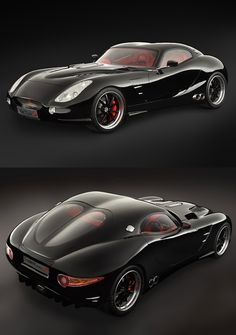 a black sports car is shown in three different views, with the top and bottom side facing