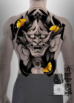 the back of a man with tattoos on his body and yellow butterflies in his hair