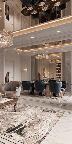 an elegant dining room with chandeliers and marble flooring is seen in this image